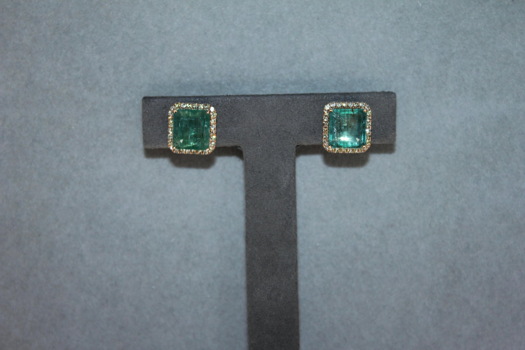 Emerald Cut Green Emerald Diamond Halo Stud 18K Rose Gold Earrings
