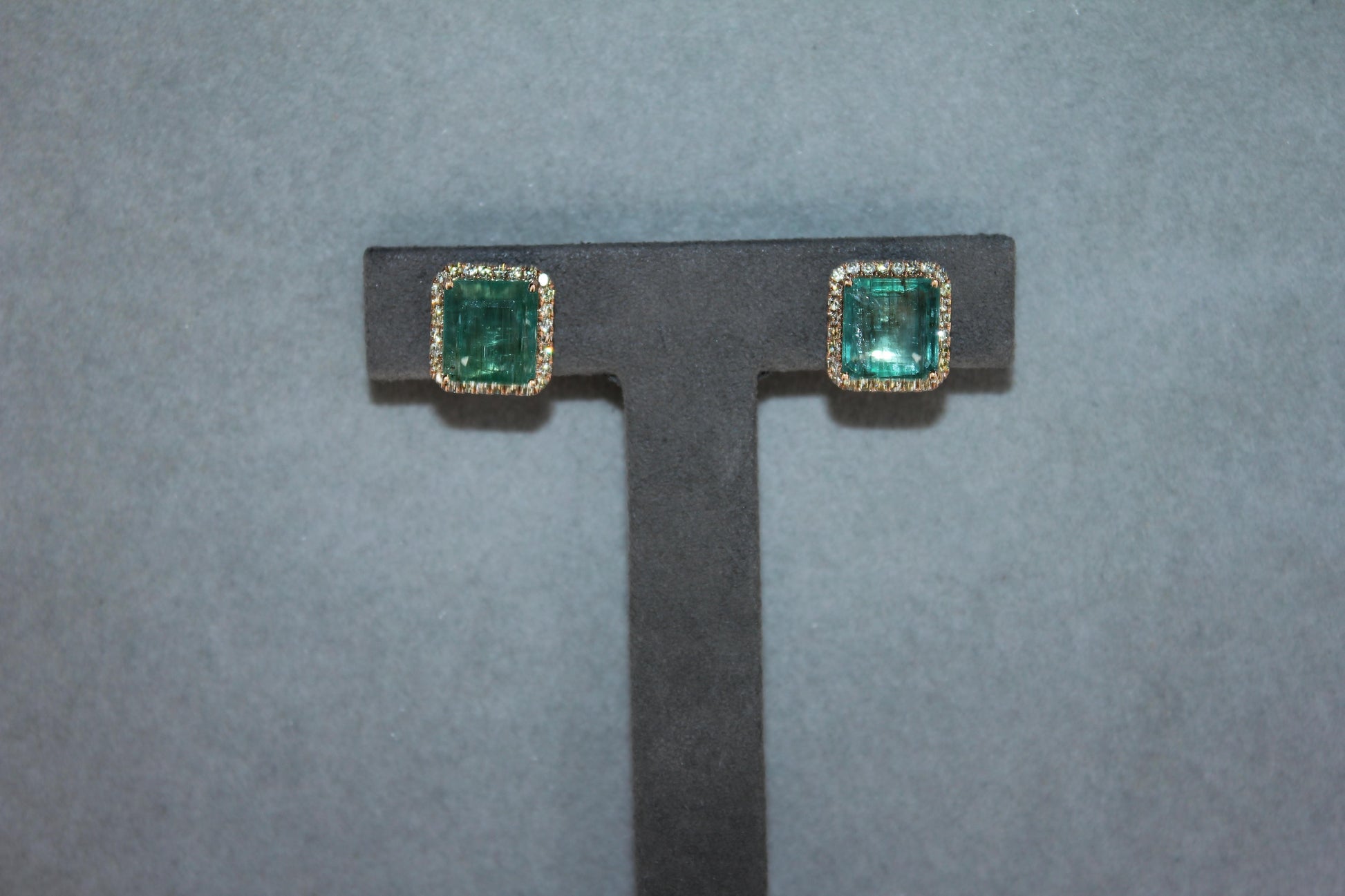Emerald Cut Green Emerald Diamond Halo Stud 18K Rose Gold Earrings