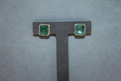 Emerald Cut Green Emerald Diamond Halo Stud 18K Rose Gold Earrings
