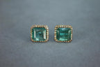Emerald Cut Green Emerald Diamond Halo Stud 18K Rose Gold Earrings
