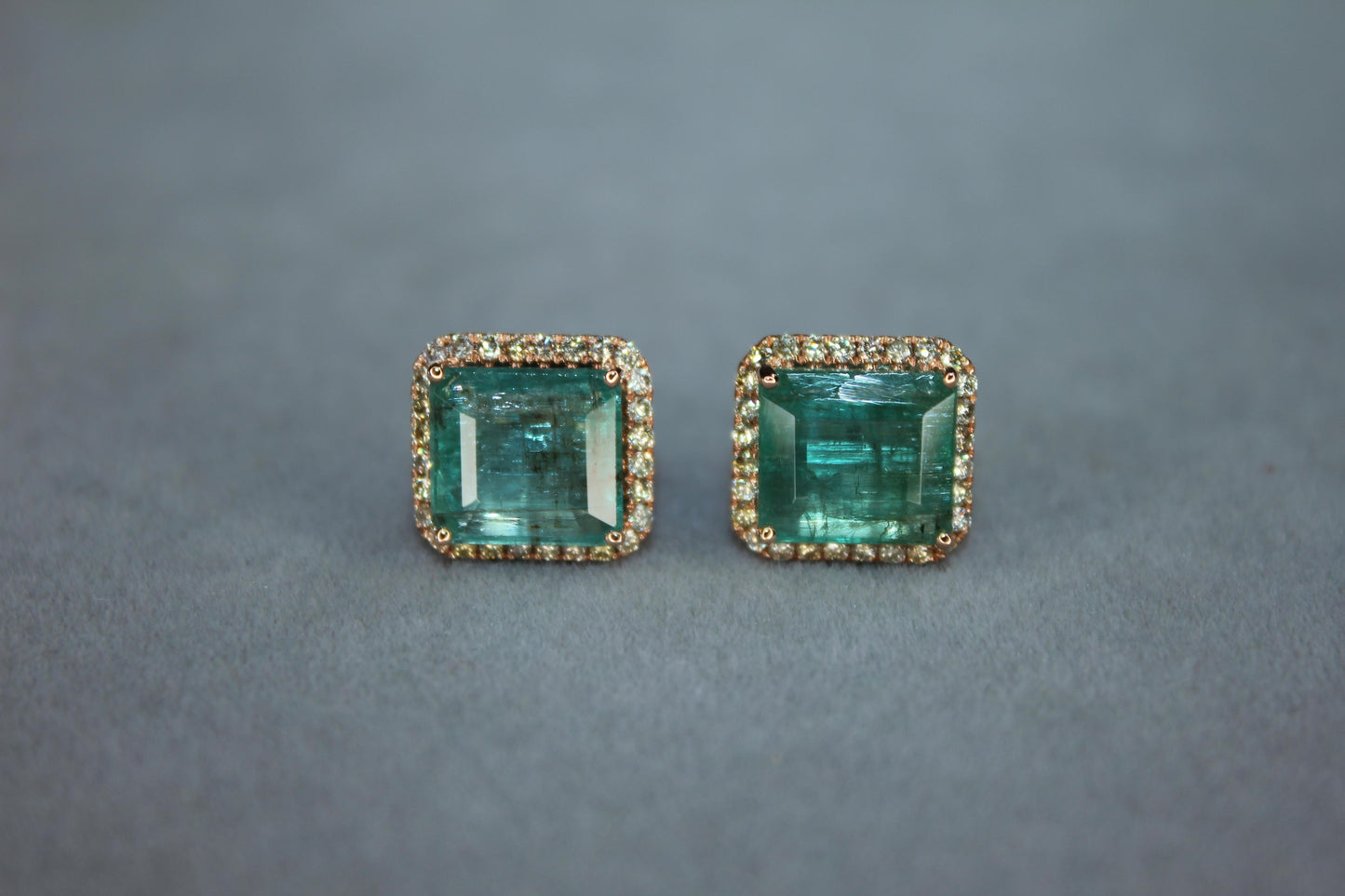 emerald cut green emerald diamond halo stud 18k rose gold earrings