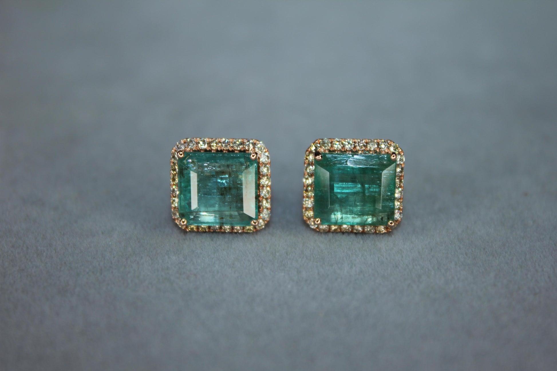 Emerald Cut Green Emerald Diamond Halo Stud 18K Rose Gold Earrings