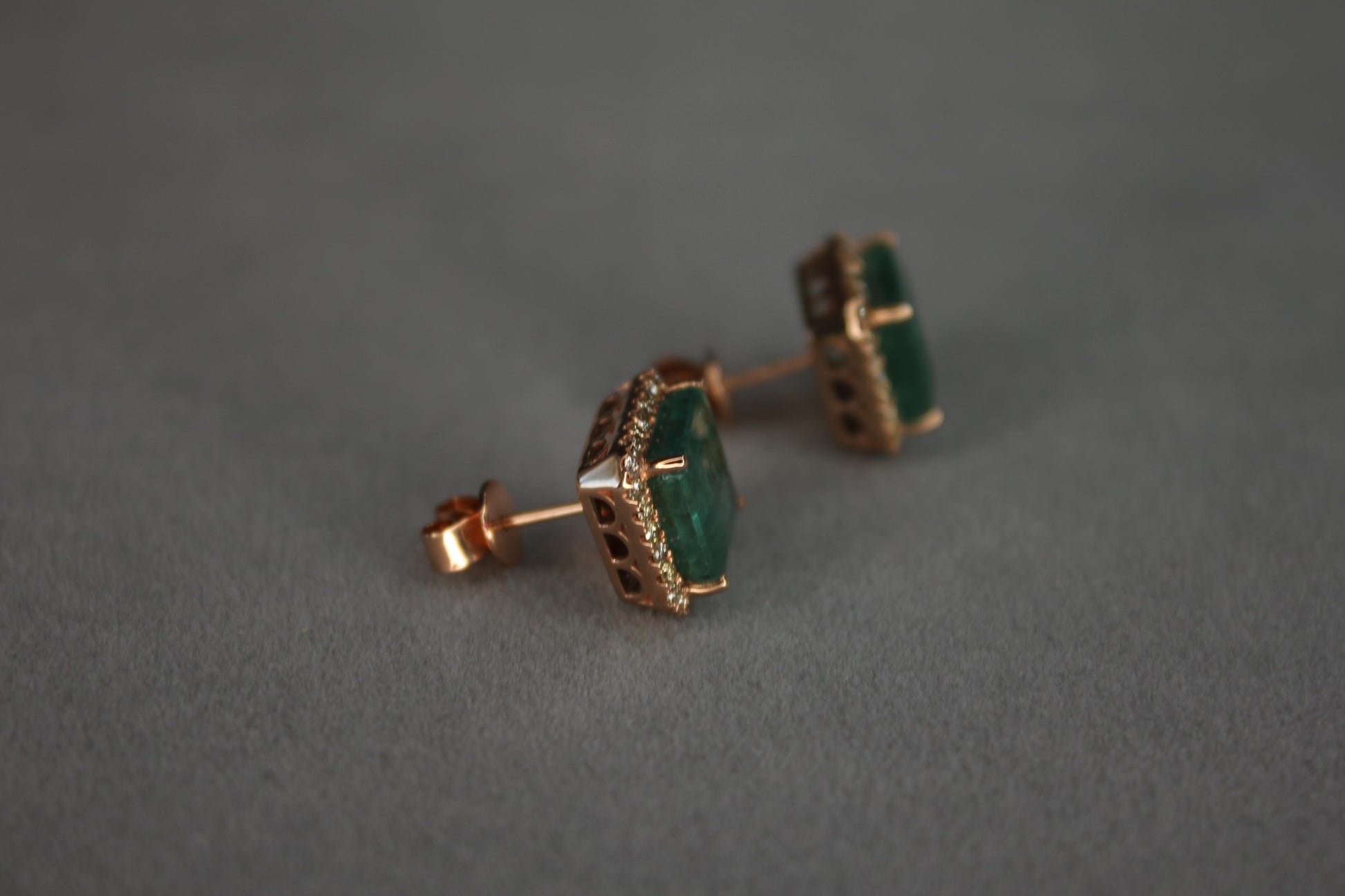 Emerald Cut Green Emerald Diamond Halo Stud 18K Rose Gold Earrings