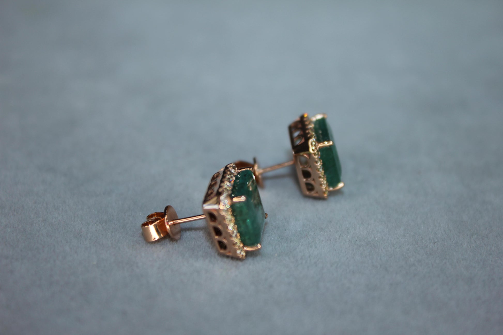 Emerald Cut Green Emerald Diamond Halo Stud 18K Rose Gold Earrings