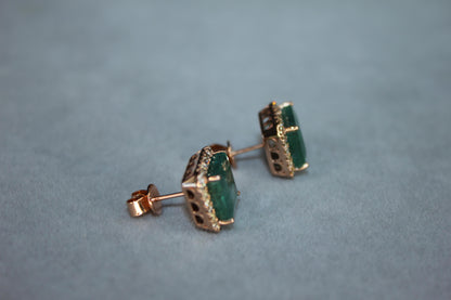 Emerald Cut Green Emerald Diamond Halo Stud 18K Rose Gold Earrings