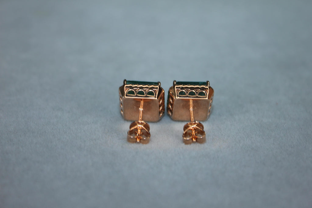 Emerald Cut Green Emerald Diamond Halo Stud 18K Rose Gold Earrings