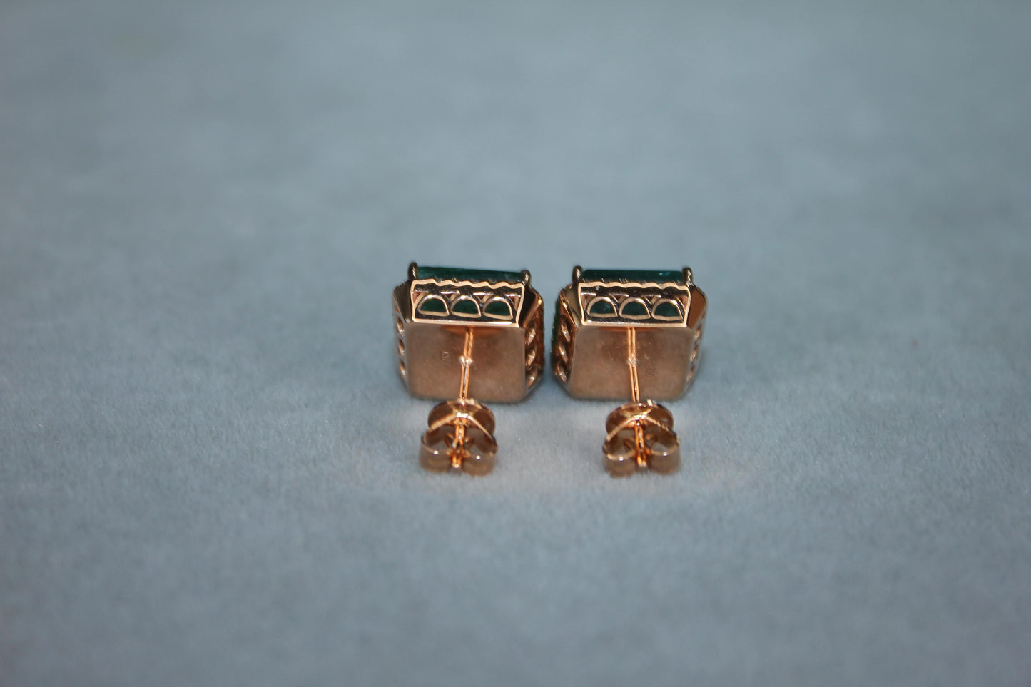 emerald cut green emerald diamond halo stud 18k rose gold earrings