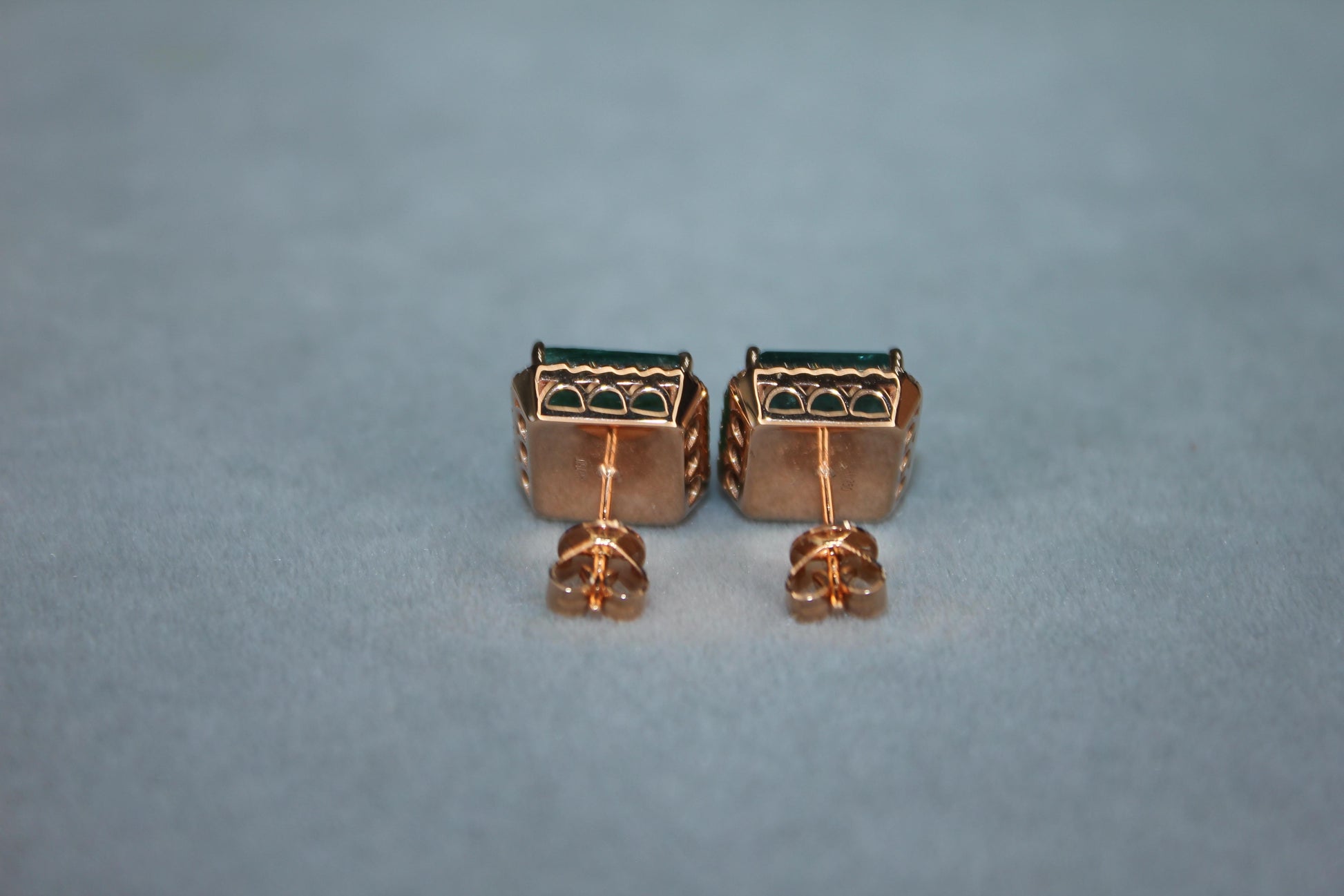 Emerald Cut Green Emerald Diamond Halo Stud 18K Rose Gold Earrings