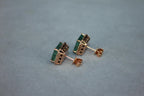Emerald Cut Green Emerald Diamond Halo Stud 18K Rose Gold Earrings