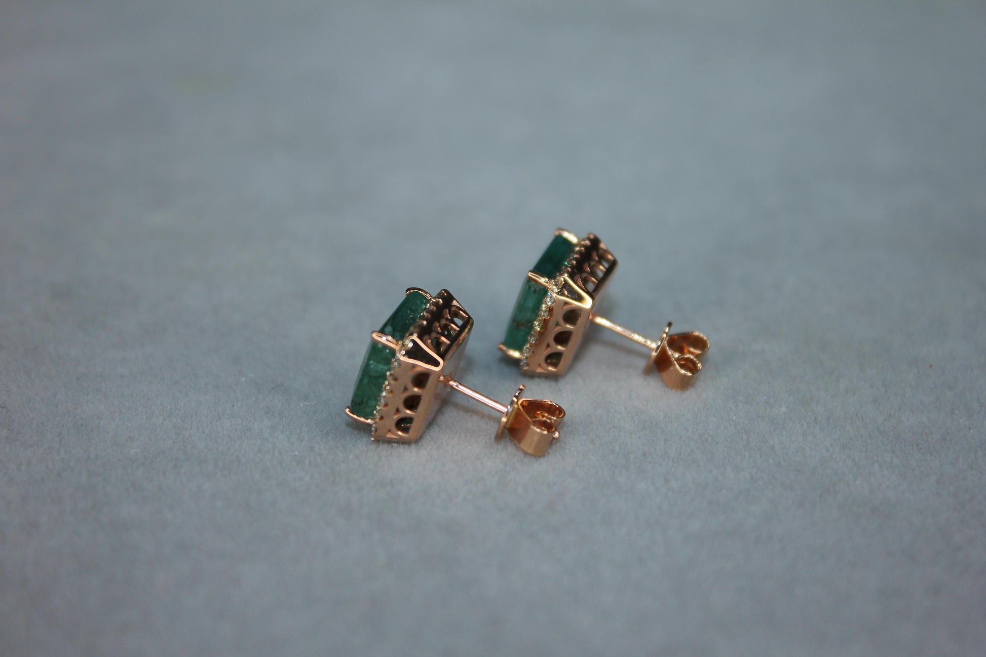 Emerald Cut Green Emerald Diamond Halo Stud 18K Rose Gold Earrings