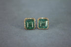 Emerald Cut Green Emerald Diamond Halo Stud 18K Rose Gold Earrings
