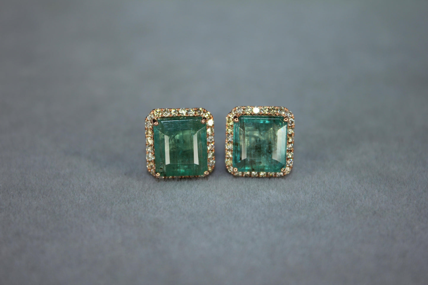 emerald cut green emerald diamond halo stud 18k rose gold earrings