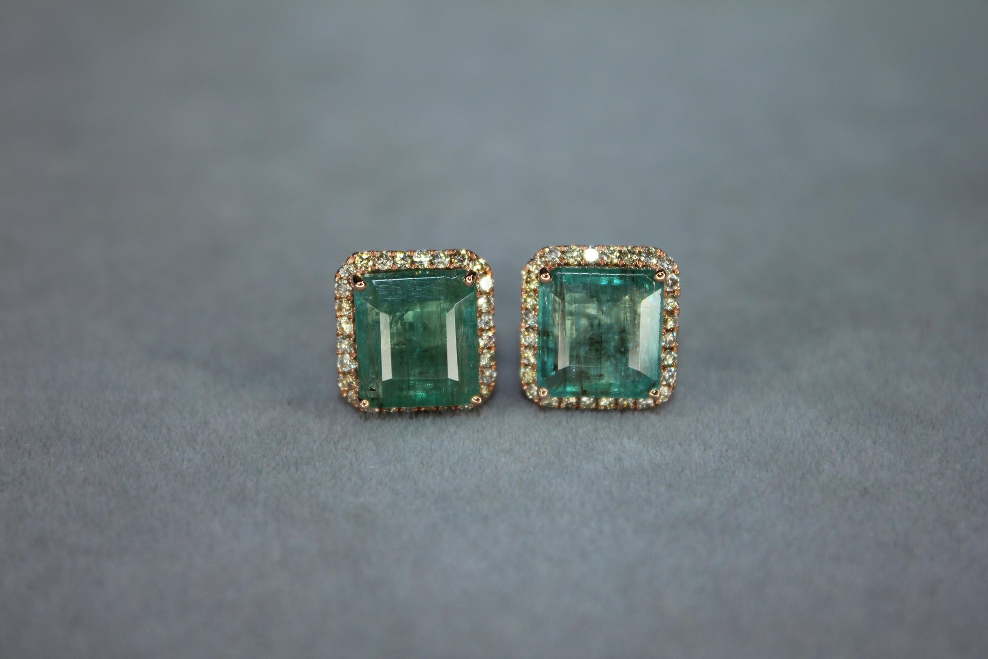 Emerald Cut Green Emerald Diamond Halo Stud 18K Rose Gold Earrings