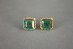 Emerald Cut Green Emerald Diamond Halo Stud 18K Rose Gold Earrings