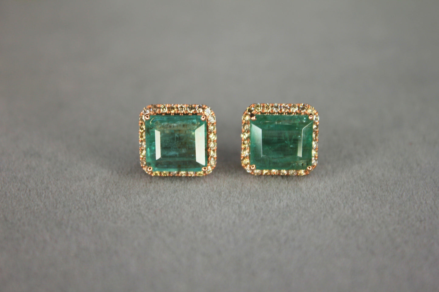 emerald cut green emerald diamond halo stud 18k rose gold earrings