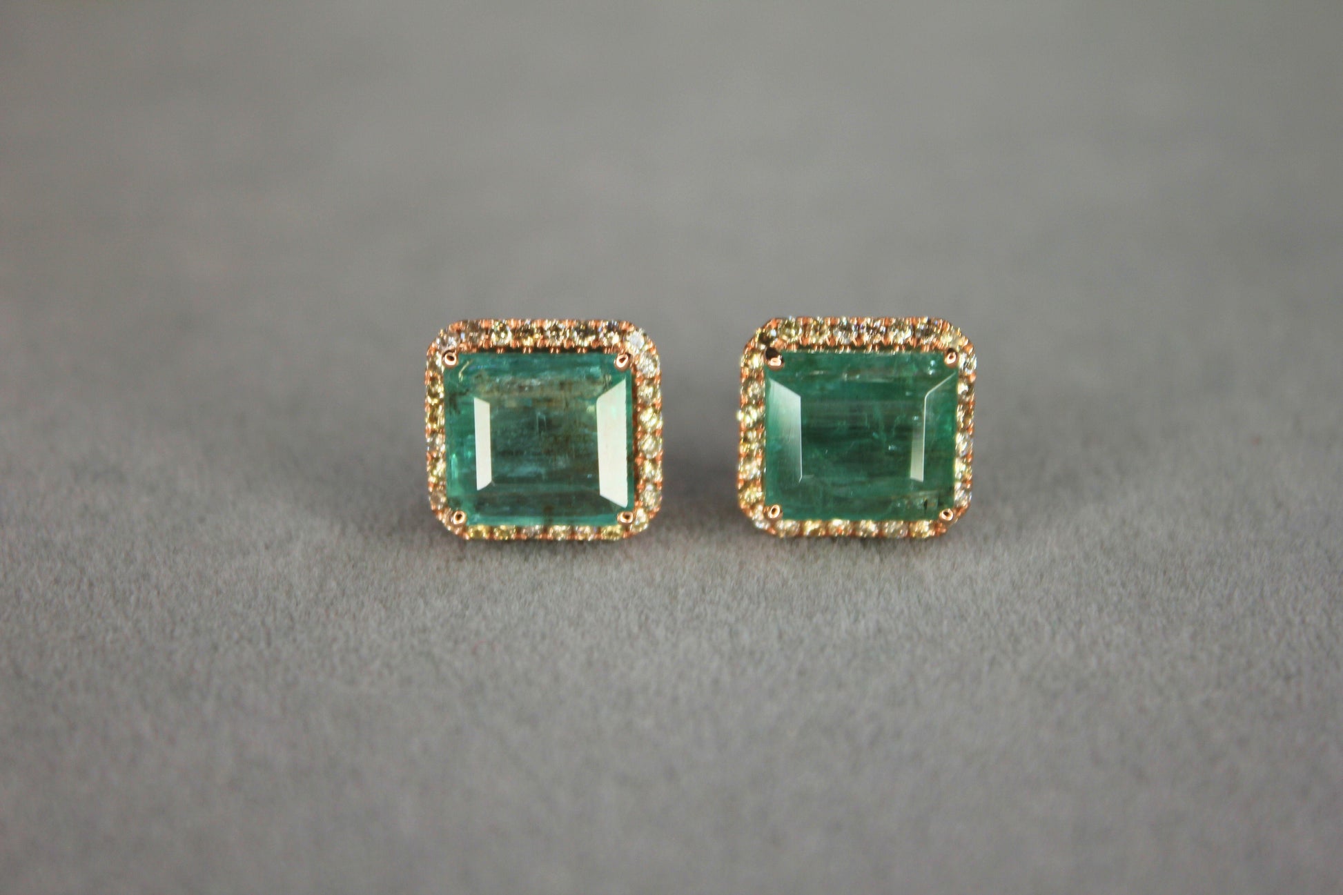 Emerald Cut Green Emerald Diamond Halo Stud 18K Rose Gold Earrings