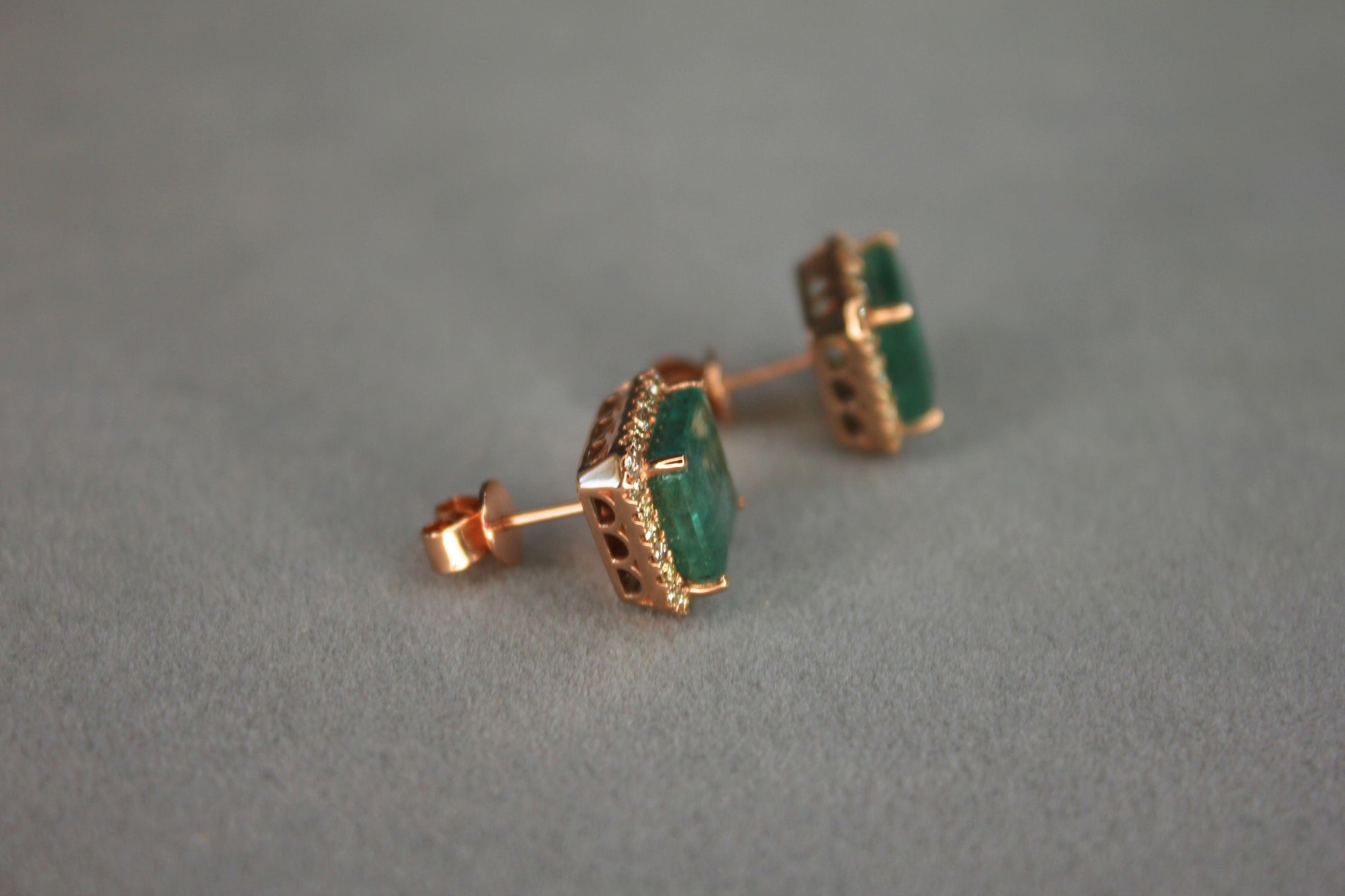 Emerald Cut Green Emerald Diamond Halo Stud 18K Rose Gold Earrings