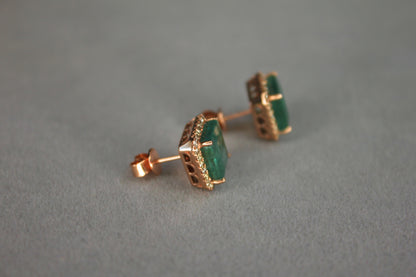 Emerald Cut Green Emerald Diamond Halo Stud 18K Rose Gold Earrings