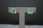 Emerald Cut Green Emerald Diamond Halo Stud 18K Rose Gold Earrings