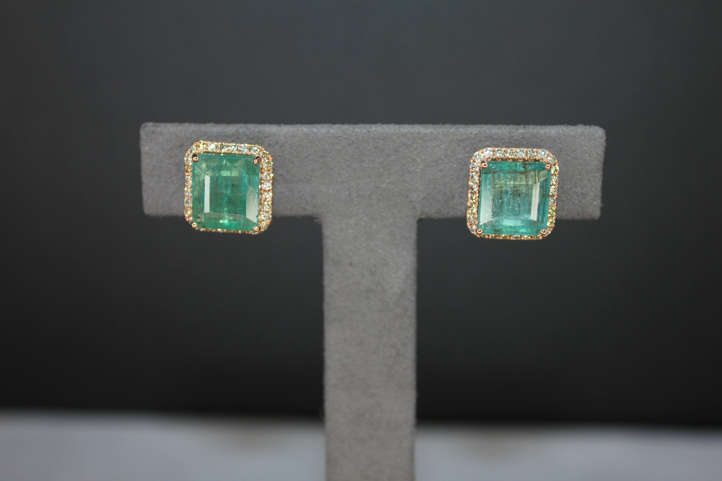 emerald cut green emerald diamond halo stud 18k rose gold earrings
