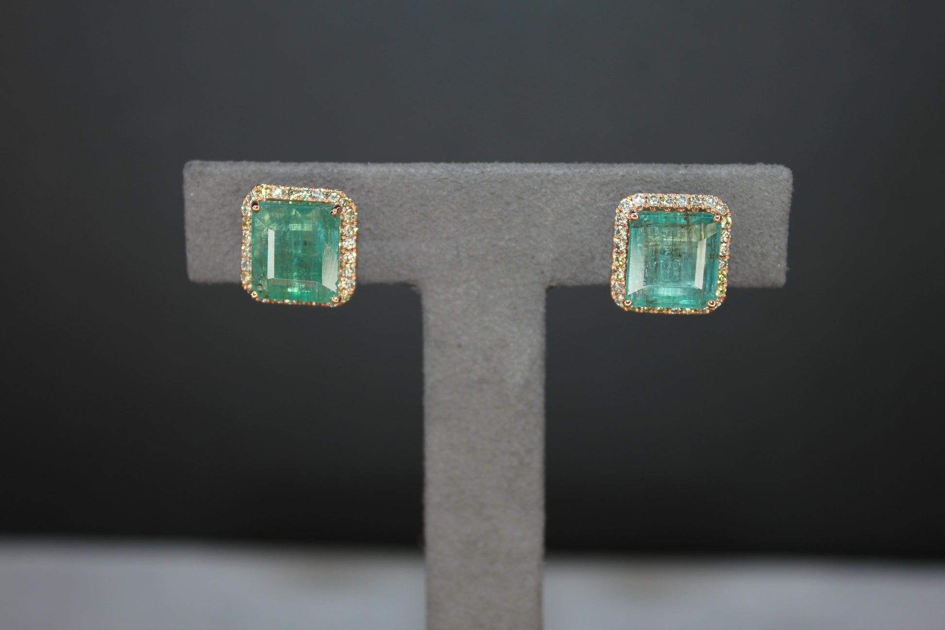 Emerald Cut Green Emerald Diamond Halo Stud 18K Rose Gold Earrings