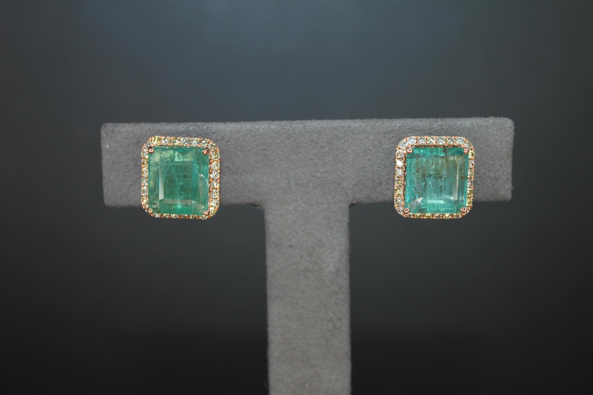 Emerald Cut Green Emerald Diamond Halo Stud 18K Rose Gold Earrings