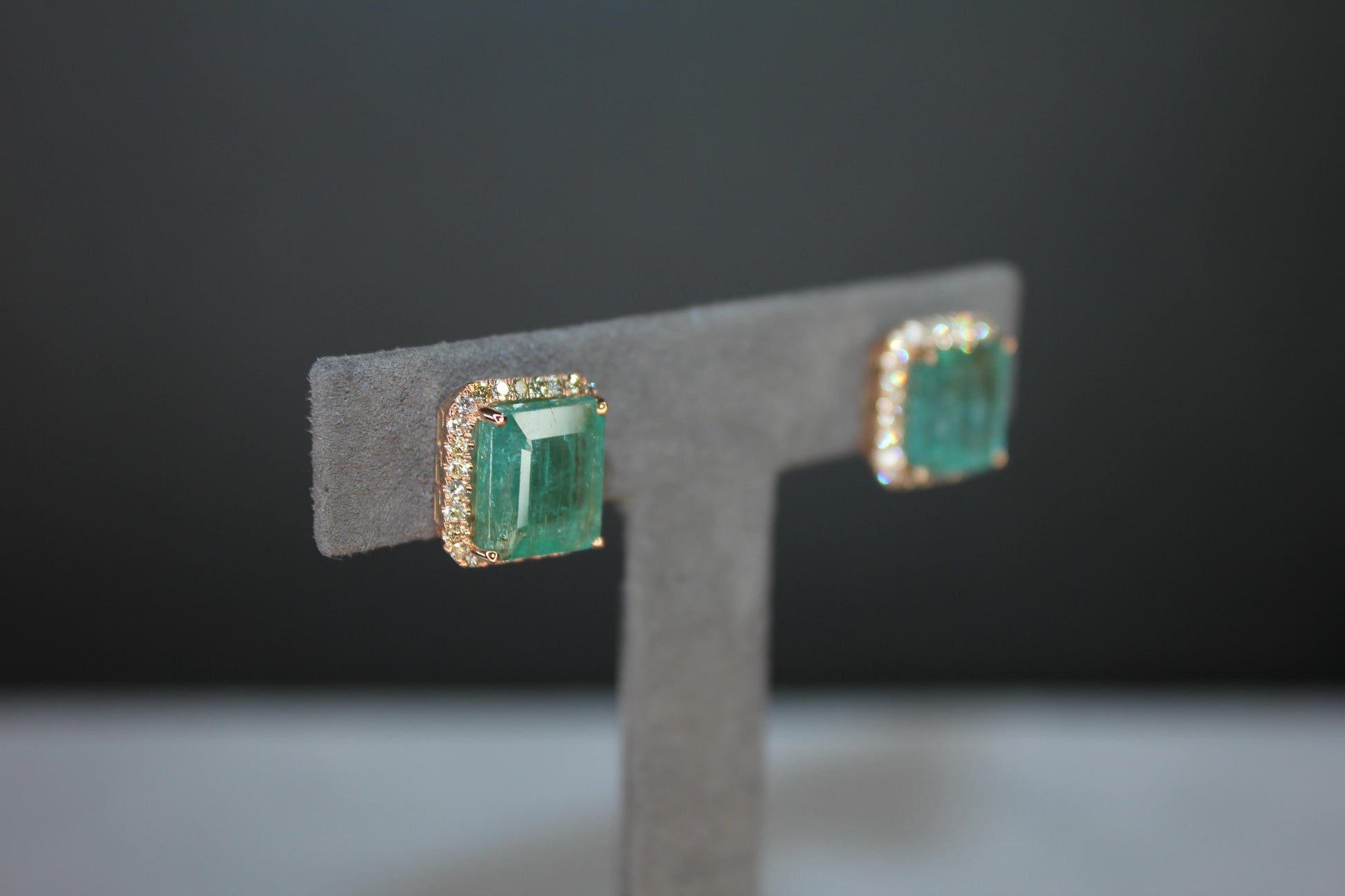 Emerald Cut Green Emerald Diamond Halo Stud 18K Rose Gold Earrings
