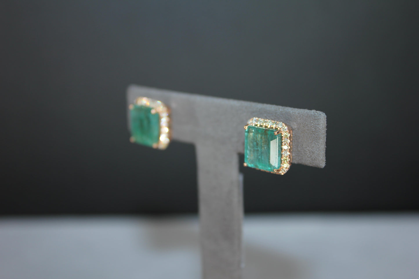 emerald cut green emerald diamond halo stud 18k rose gold earrings