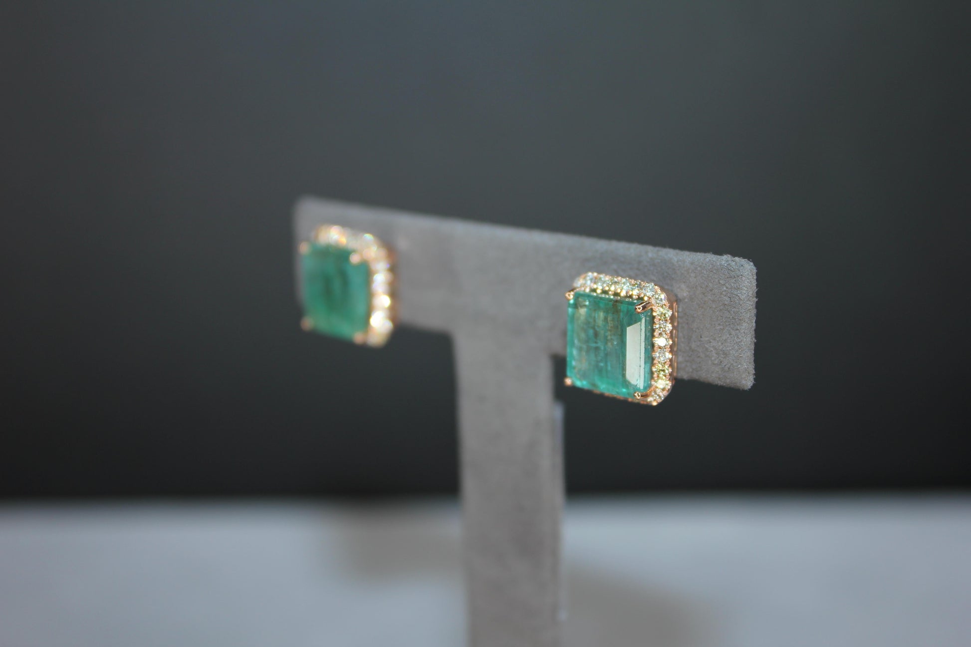 Emerald Cut Green Emerald Diamond Halo Stud 18K Rose Gold Earrings