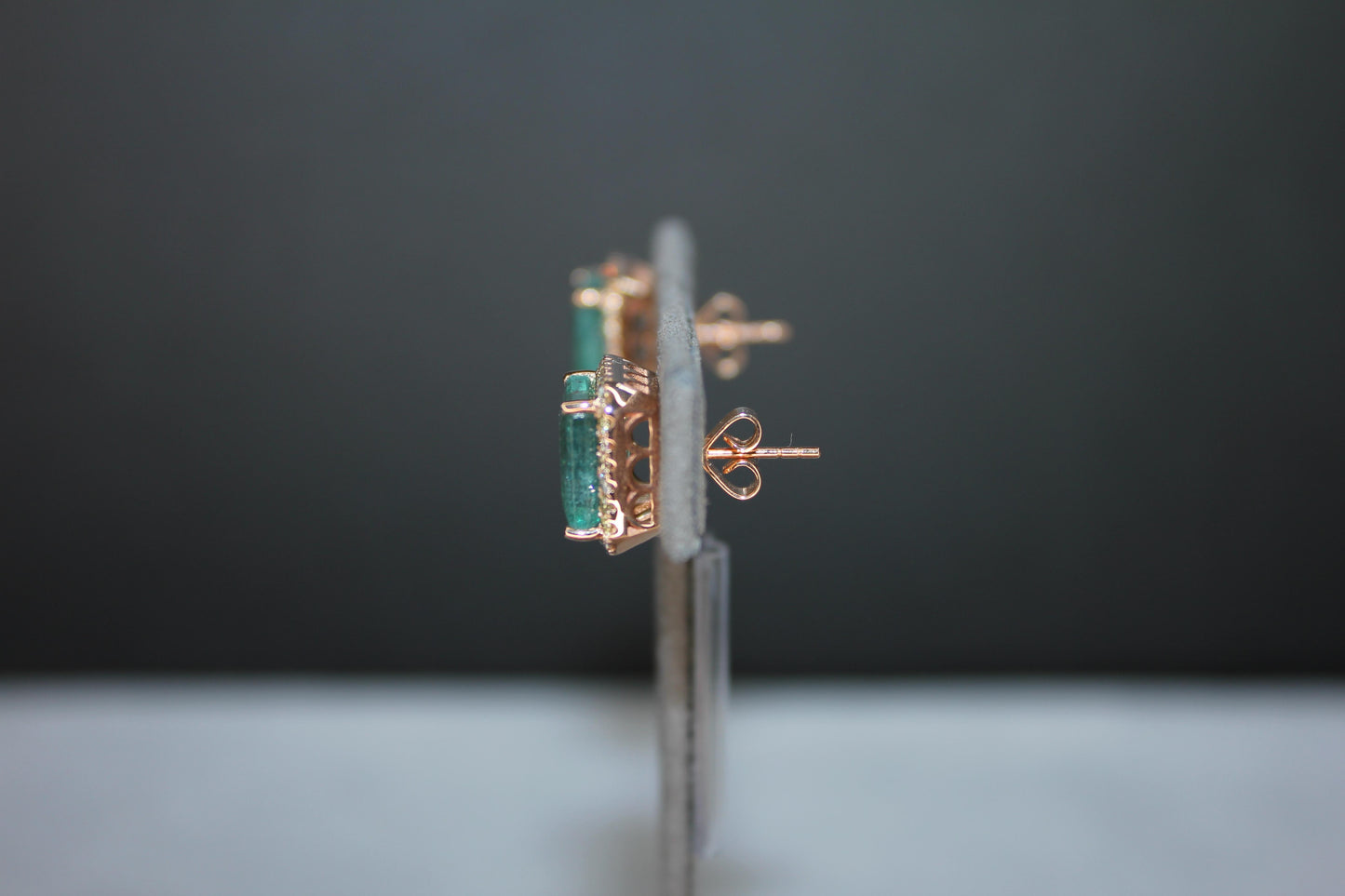 emerald cut green emerald diamond halo stud 18k rose gold earrings