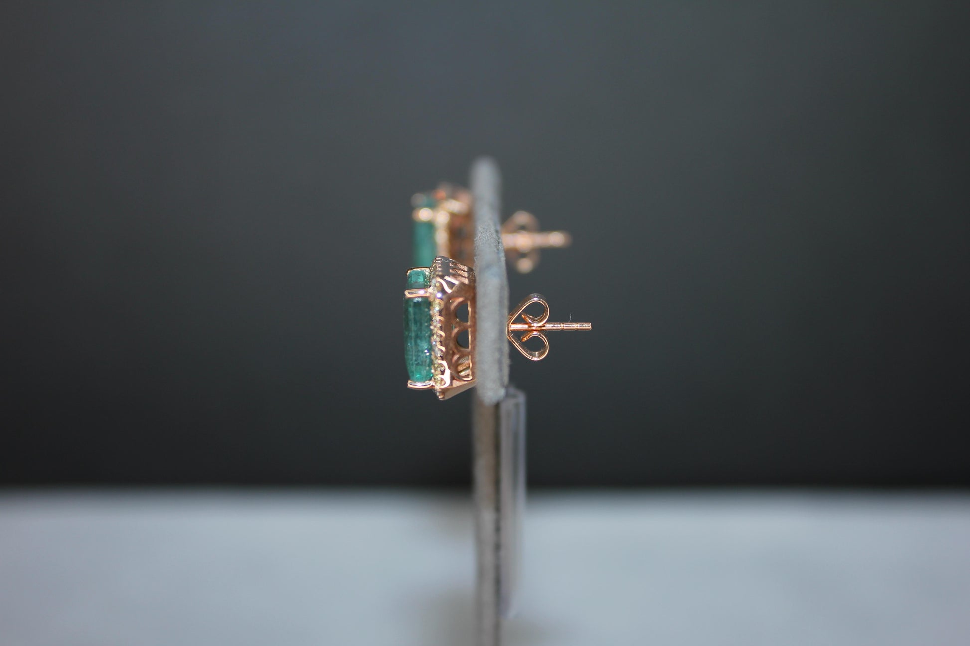 Emerald Cut Green Emerald Diamond Halo Stud 18K Rose Gold Earrings