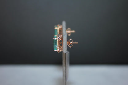 Emerald Cut Green Emerald Diamond Halo Stud 18K Rose Gold Earrings