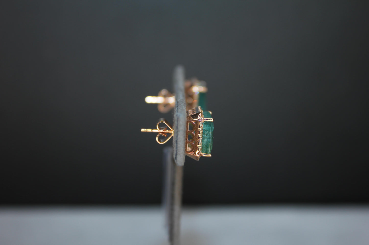 emerald cut green emerald diamond halo stud 18k rose gold earrings