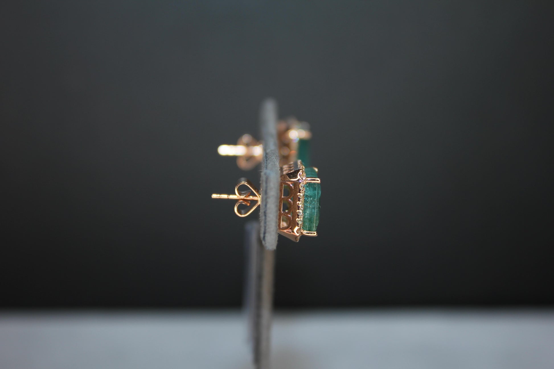 Emerald Cut Green Emerald Diamond Halo Stud 18K Rose Gold Earrings