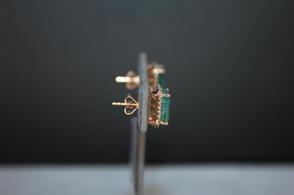 Emerald Cut Green Emerald Diamond Halo Stud 18K Rose Gold Earrings