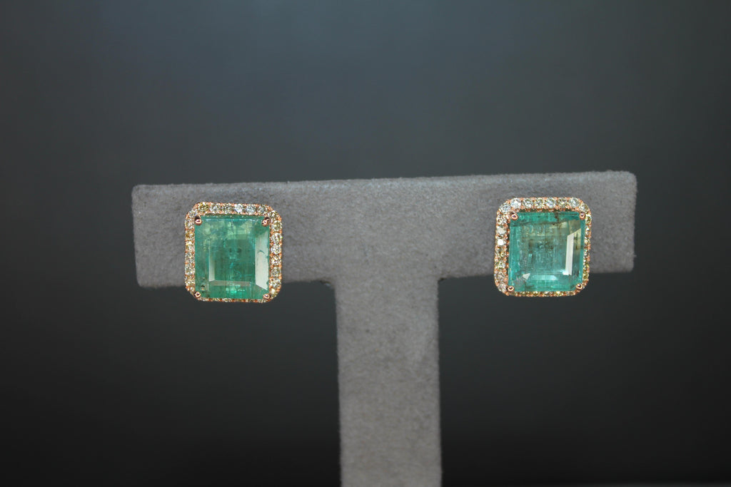 Emerald Cut Green Emerald Diamond Halo Stud 18K Rose Gold Earrings