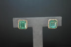 Emerald Cut Green Emerald Diamond Halo Stud 18K Rose Gold Earrings
