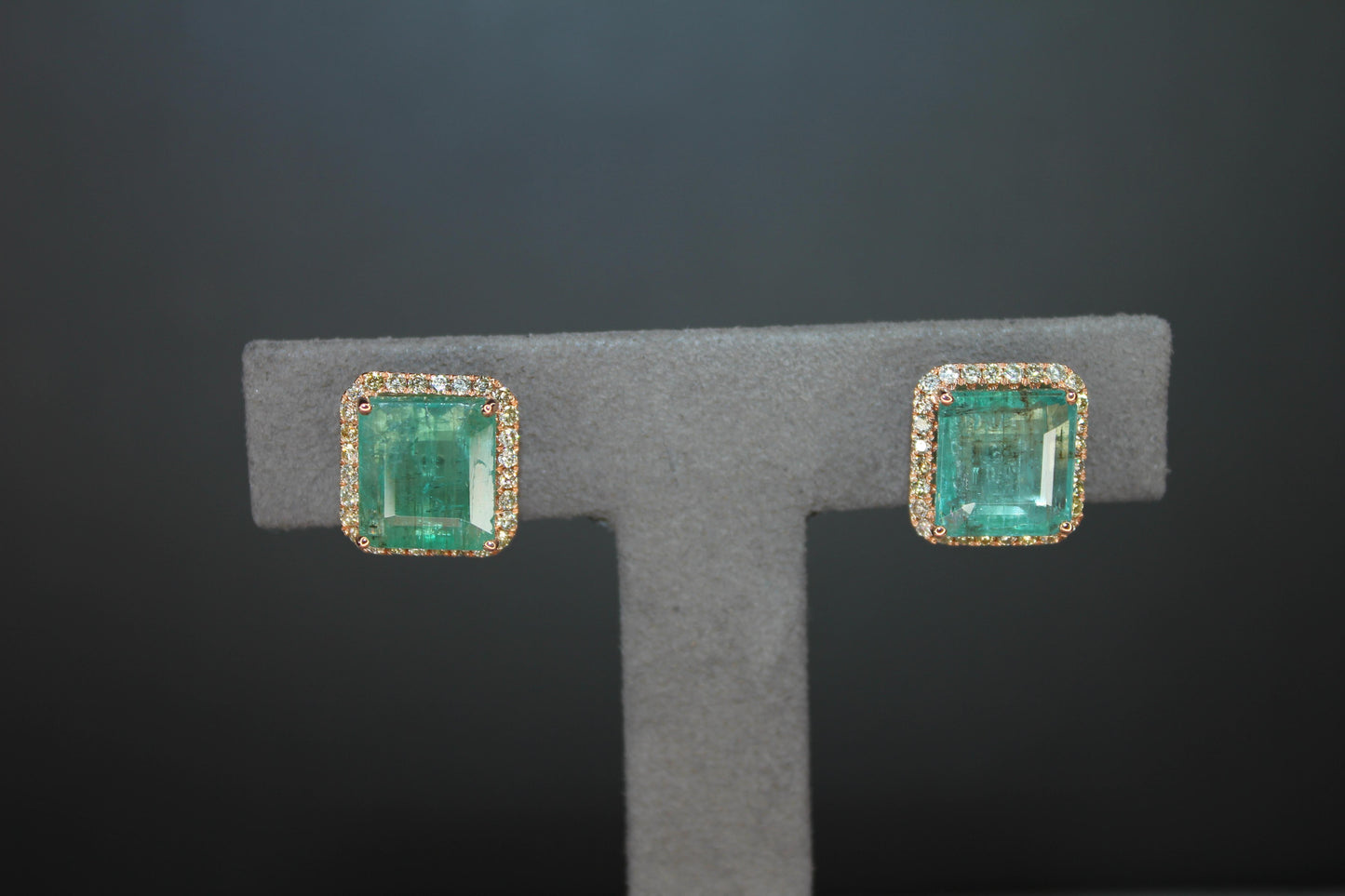 emerald cut green emerald diamond halo stud 18k rose gold earrings