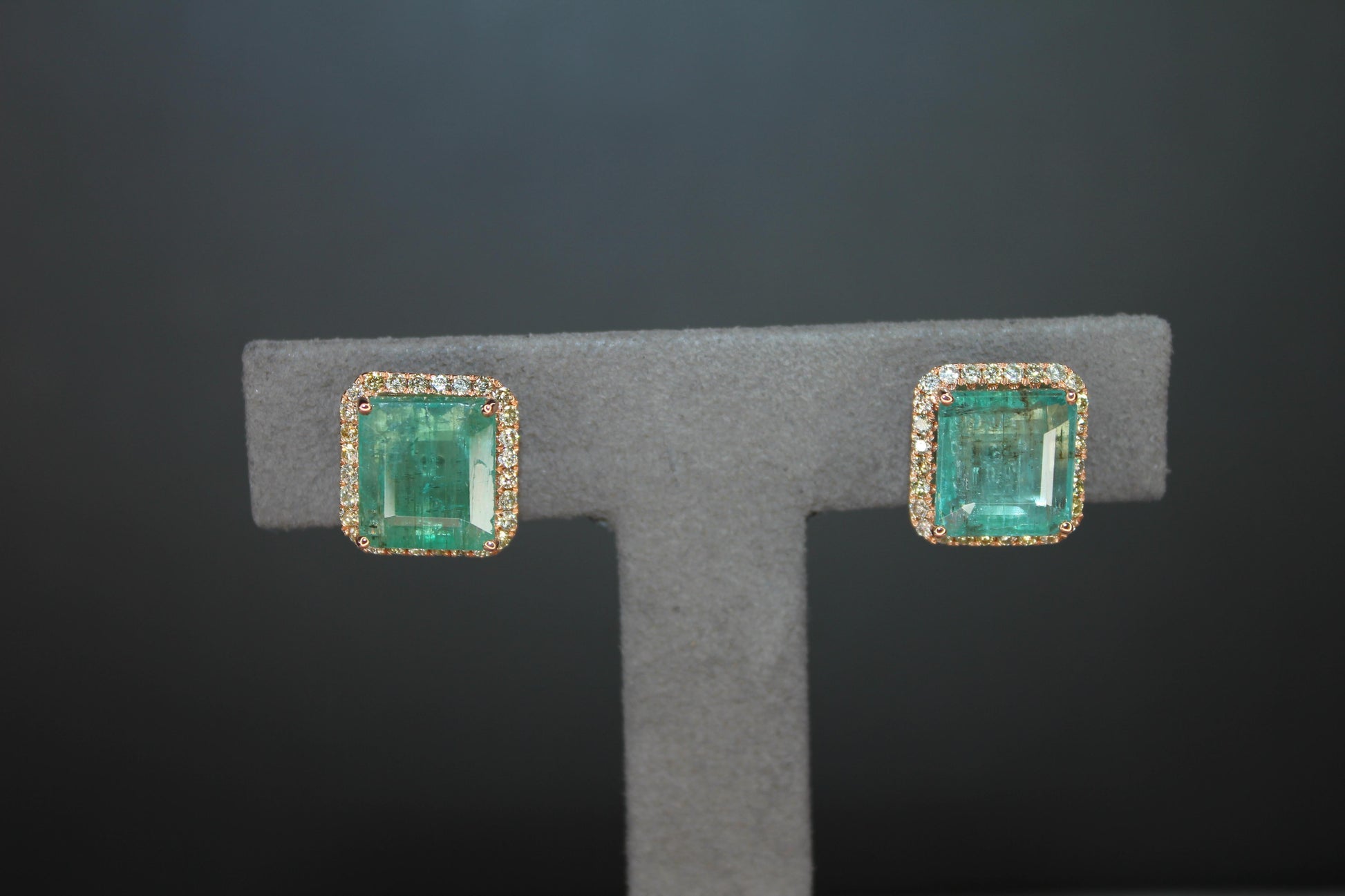 Emerald Cut Green Emerald Diamond Halo Stud 18K Rose Gold Earrings