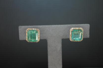 Emerald Cut Green Emerald Diamond Halo Stud 18K Rose Gold Earrings