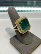 Emerald Diamond Double Halo Pave Cocktail Statement 18 Karat Yellow Gold Ring