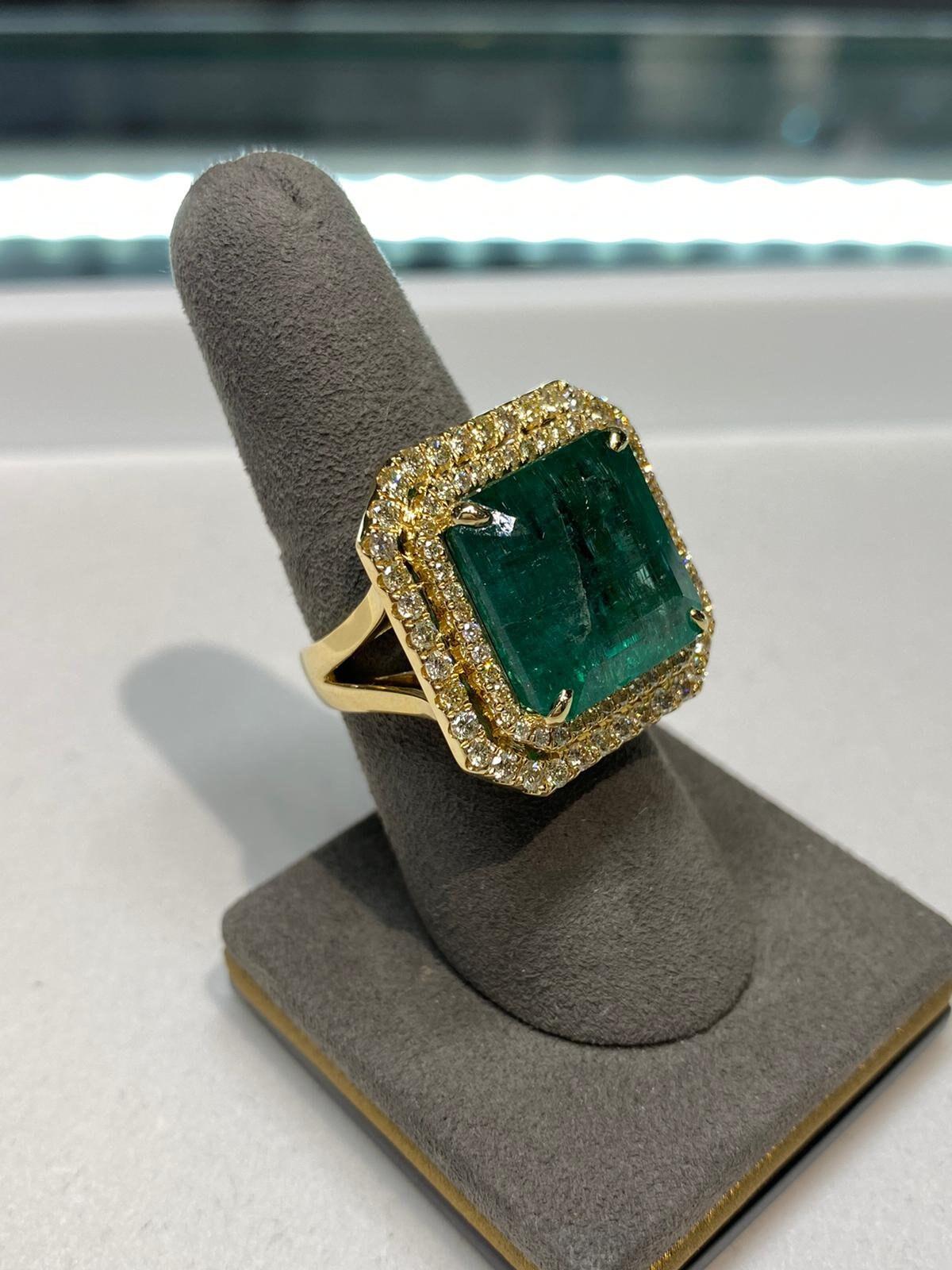 emerald diamond double halo pave cocktail statement 18 karat yellow gold ring