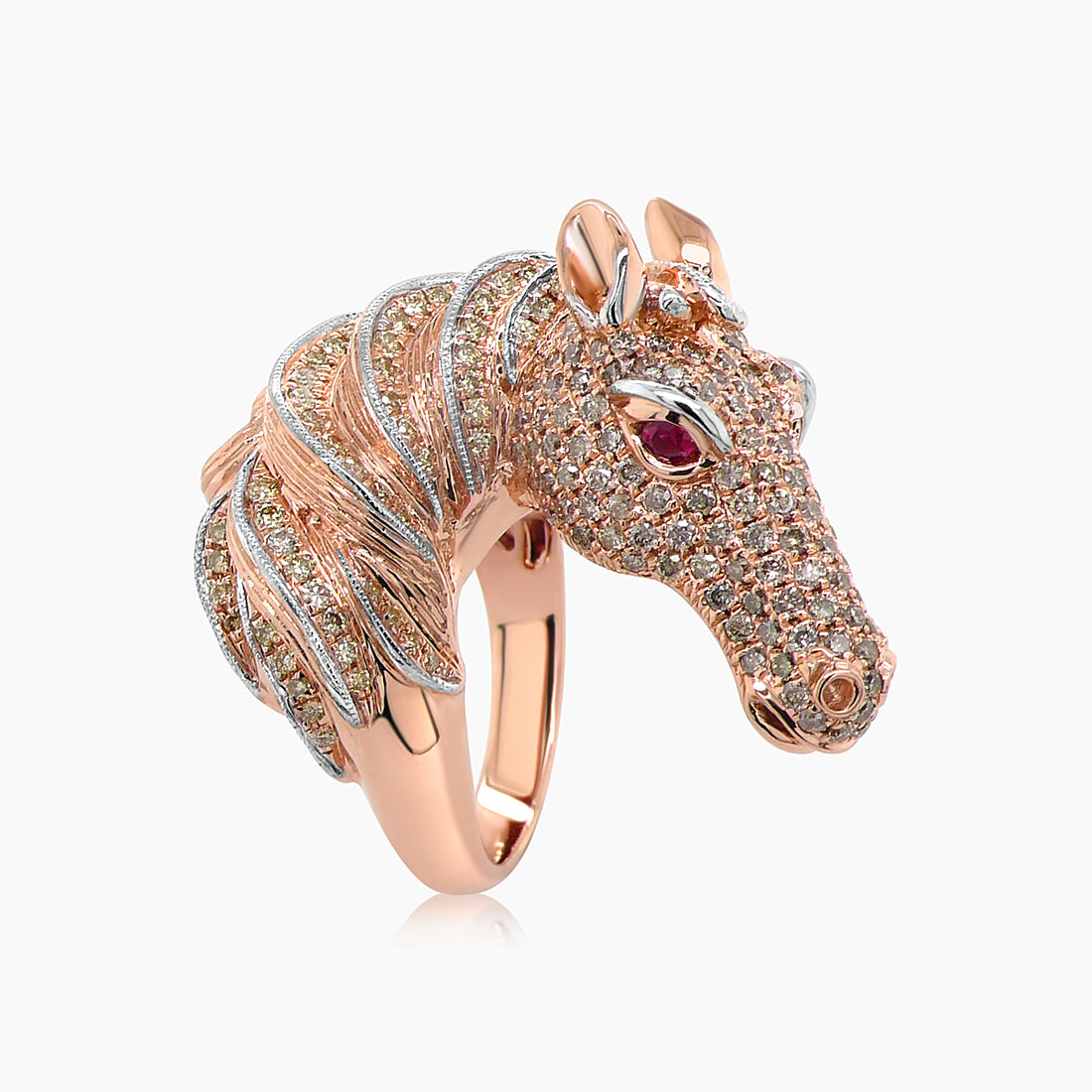 Horse Stallion Pony Diamond Pave & Ruby 18K Rose Gold Ring