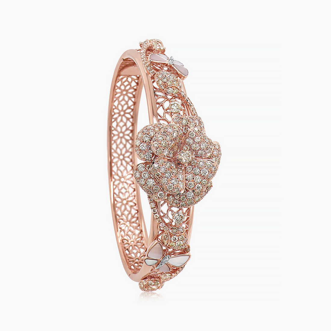 Fancy Diamond & White Pearl White Diamond Floral Butterfly Gold Bangle Bracelet