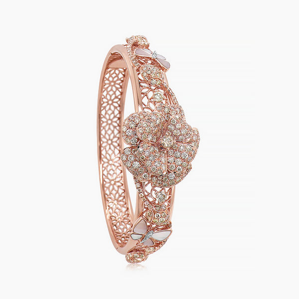 Fancy Diamond & White Pearl White Diamond Floral Butterfly Gold Bangle Bracelet