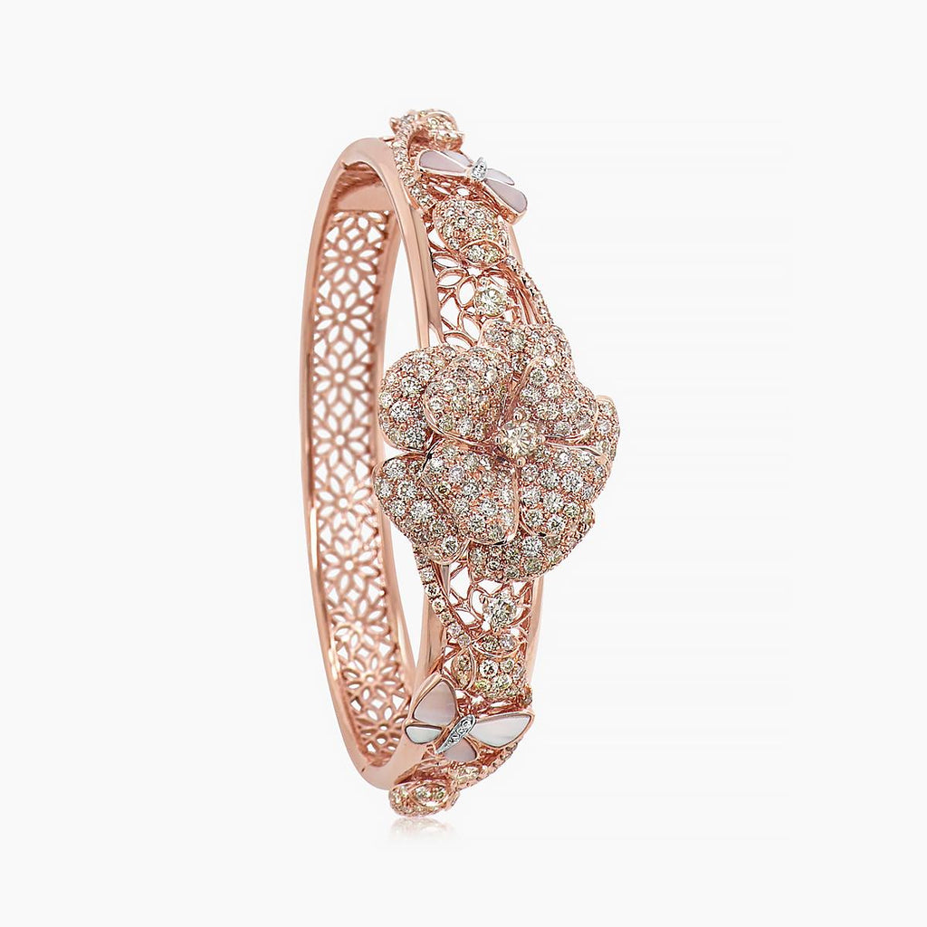 Fancy Diamond & White Pearl White Diamond Floral Butterfly Gold Bangle Bracelet