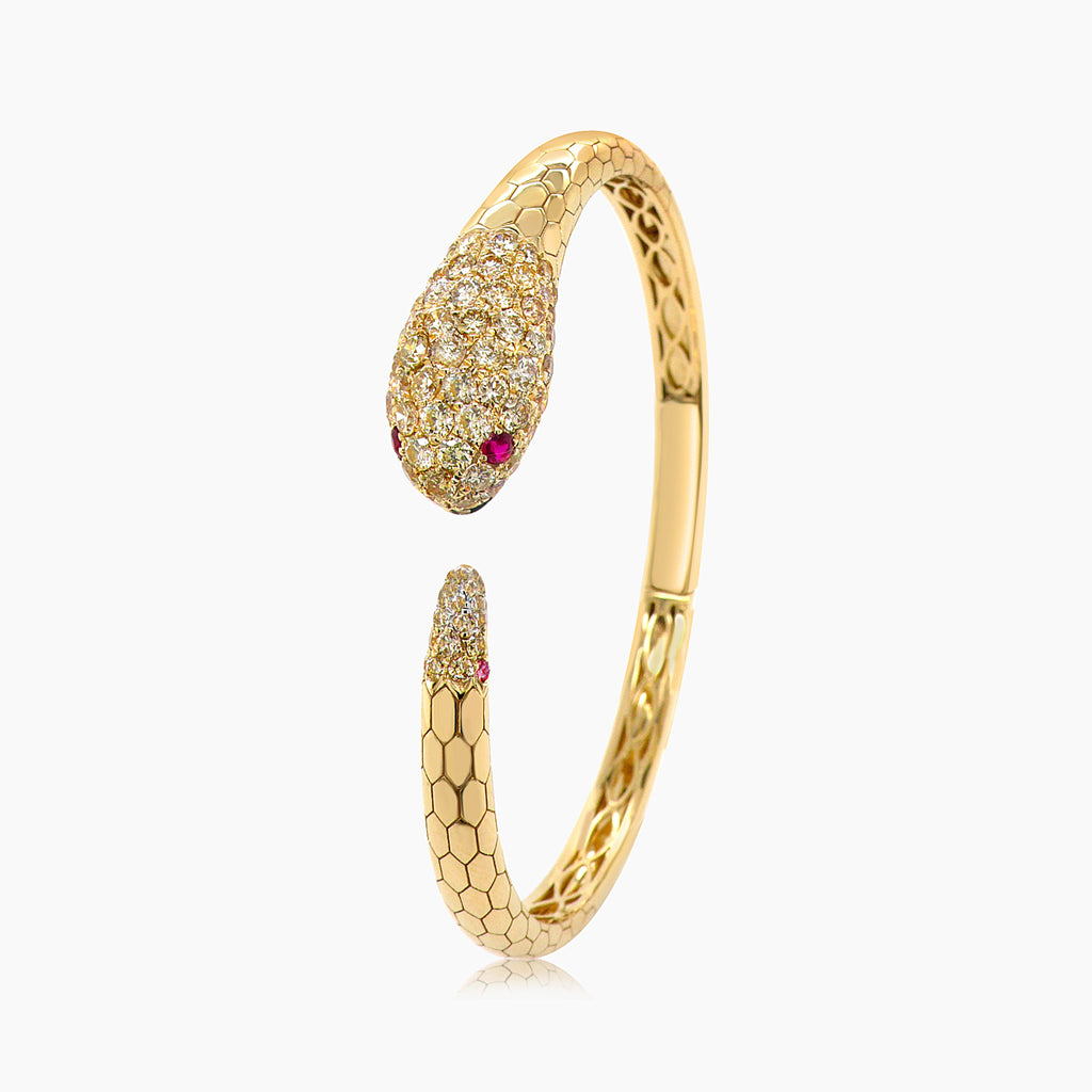 Serpent Fancy Diamond Ruby & White Diamond 18K Yellow Gold Snake Bangle Bracelet