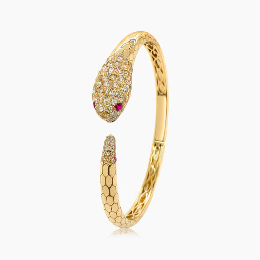 Serpent Fancy Diamond Ruby & White Diamond 18K Yellow Gold Snake Bangle Bracelet