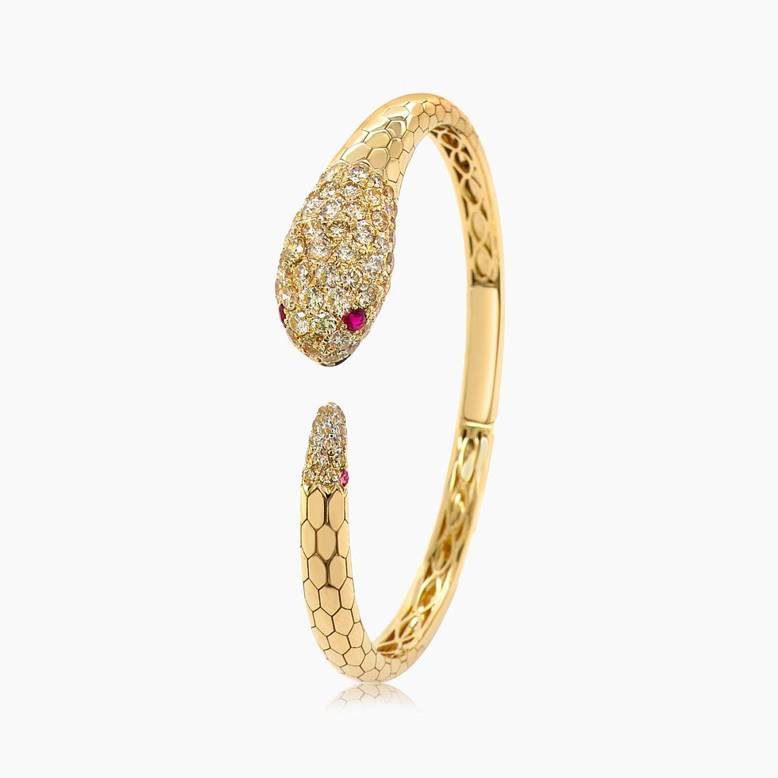 Serpent Fancy Diamond Ruby &amp; White Diamond 18K Yellow Gold Snake Bangle Bracelet