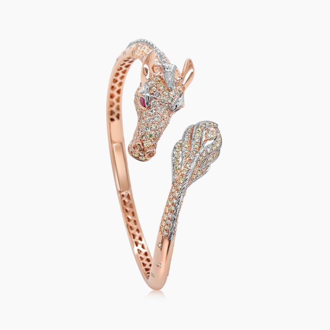Horse Stallion Pony Diamond Pave & Ruby 18K Rose & White Gold Bracelet Bangle